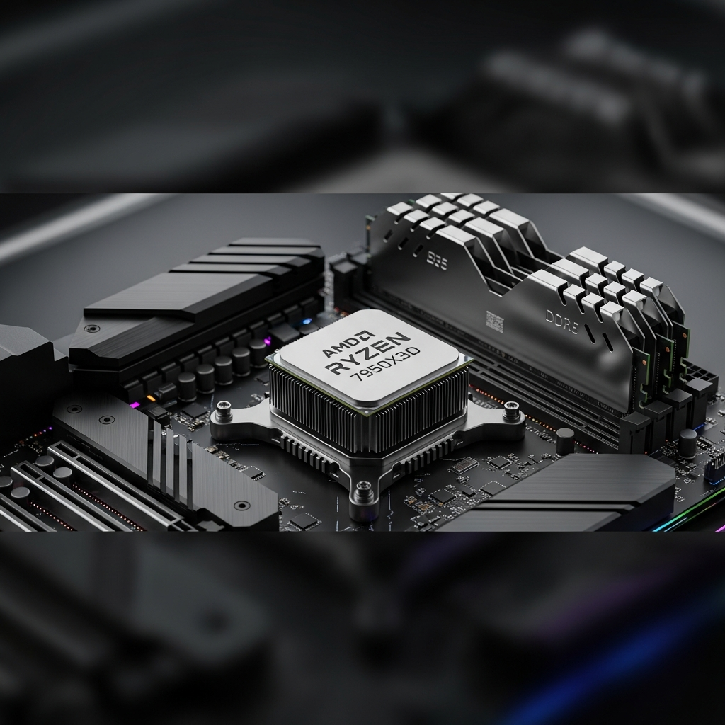 Vue photoréaliste en 3D d'un processeur AMD Ryzen 9 7950X3D posé sur une carte mère haut de gamme, avec éclairage RGB subtil et barrettes de RAM DDR5 visibles en arrière-plan, fond noir mat avec reflets métalliques