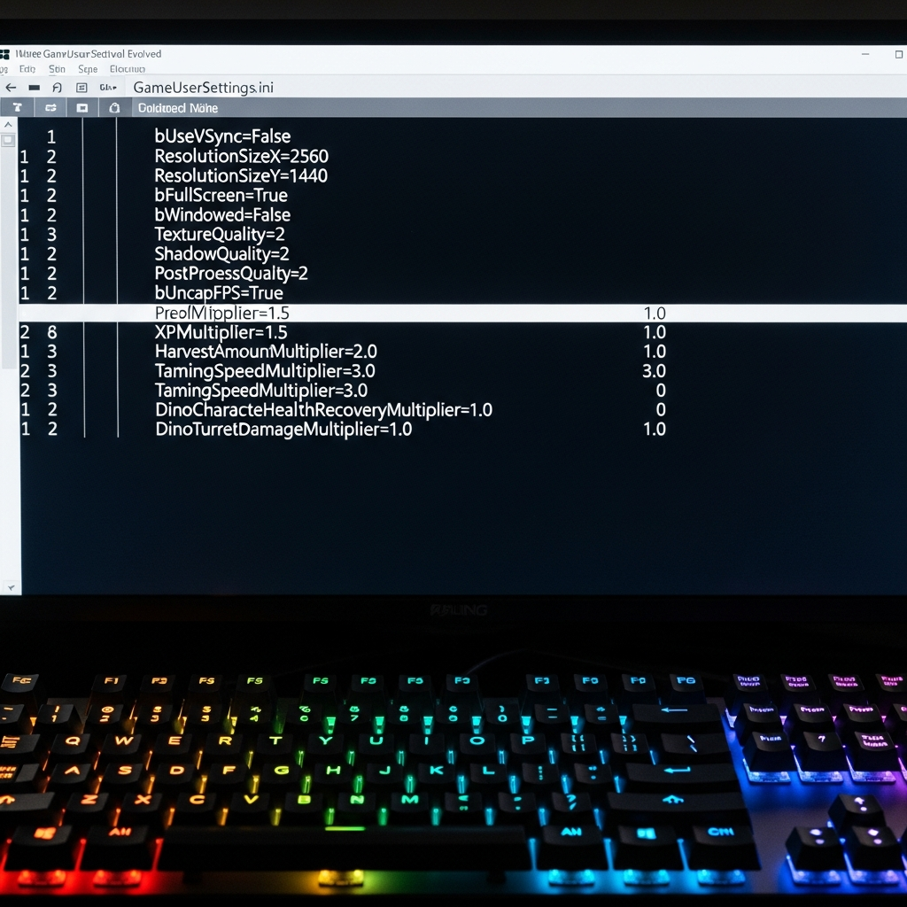 Vue photoréaliste en gros plan d'un écran d'ordinateur affichant le bloc-notes Windows avec le fichier GameUserSettings.ini ouvert, montrant des lignes de configuration ARK avec des valeurs de multiplicateurs, clavier gaming RGB visible en bas du cadre