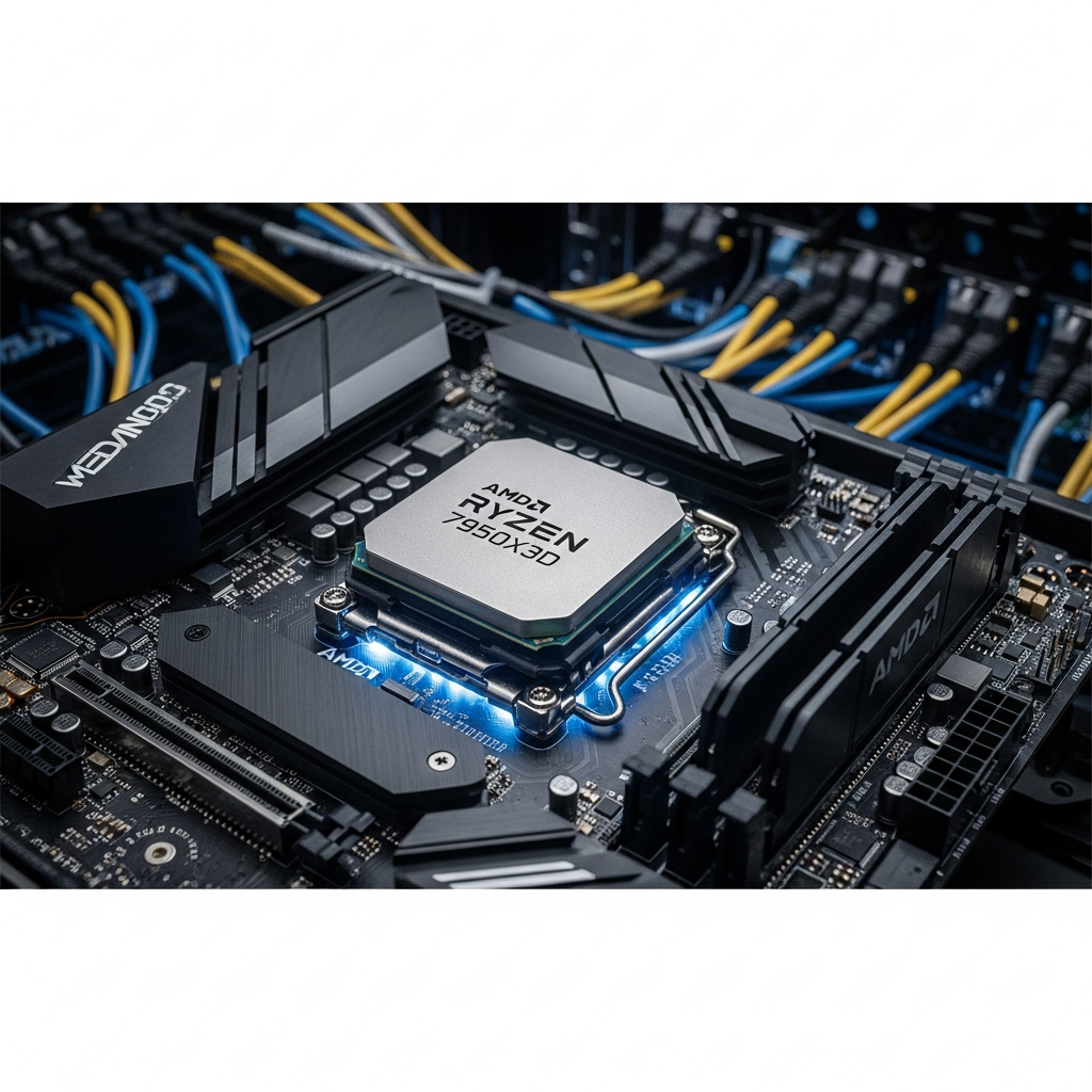Vue rapprochée d'un processeur AMD Ryzen 9 7950X3D monté sur une carte mère haute performance dans un datacenter moderne, éclairage LED bleu et blanc, câbles de gestion réseau visibles en arrière-plan