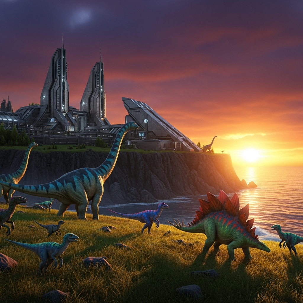 Weiter Landschaftsblick auf eine ARK-Basis mit futuristischen Metallstrukturen auf einer Klippe am Meer, im Vordergrund grasen mehrere bunte, gezähmte Dinosaurier wie Brontosaurus und Stegosaurus, dramatischer Sonnenuntergang mit orangen und violetten Farbtönen am Himmel