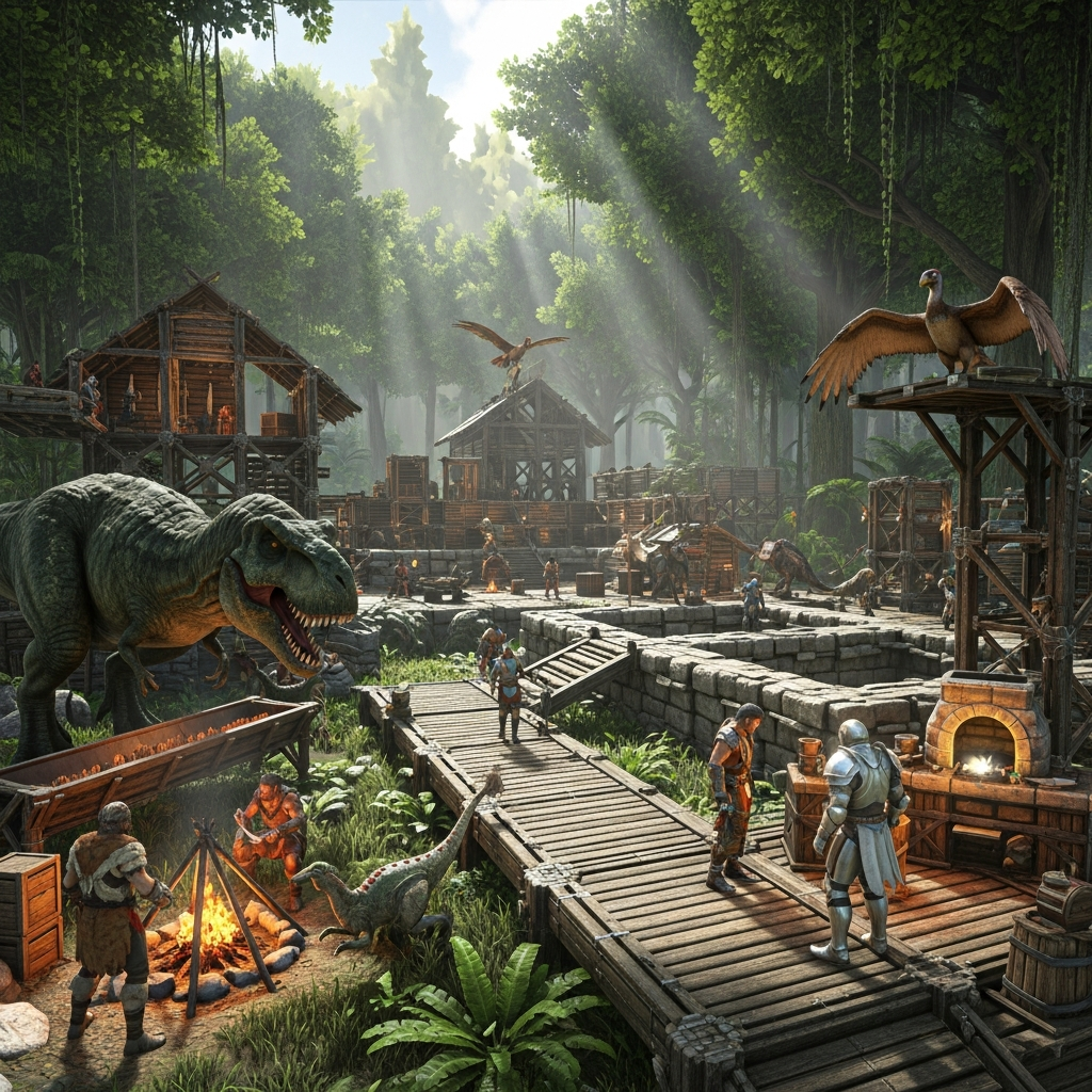 Wide-angle photorealistic image of a thriving ARK base with multiple structures, tamed dinosaurs including a Rex and Argentavis, players in primitive and metal armor working together, lush jungle environment with volumetric lighting streaming through trees