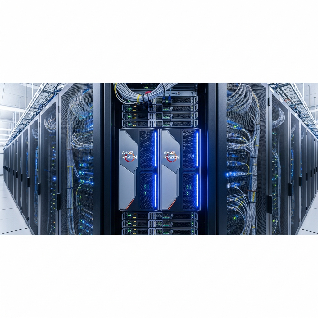 Wide-angle photorealistic view of modern datacenter server rows with blue LED status lights, fiber optic cables, clean cable management, and AMD Ryzen servers in professional rack-mounted chassis under cool white lighting
