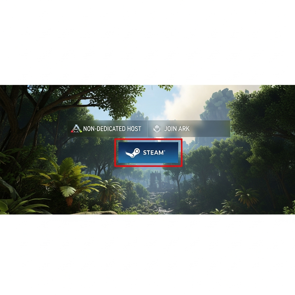 Écran de démarrage du menu multijoueur d'ARK: Survival Ascended, affichant les options "Hôte Non-Dédié" et "Rejoindre ARK" avec un bouton d'invitation Steam en surbrillance, capture d'écran photoréaliste in-game sur fond de jungle tropicale