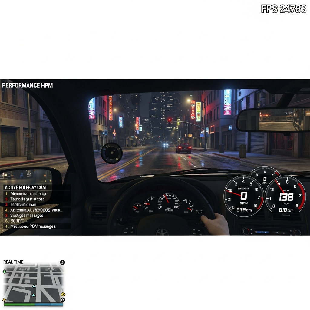 Écran de jeu GTA V en vue cockpit d'une voiture de police, affichant l'interface HUD FiveM avec indicateurs de performances, carte mini en temps réel, chat roleplay actif et compteur FPS en haut à droite, environnement urbain nocturne détaillé