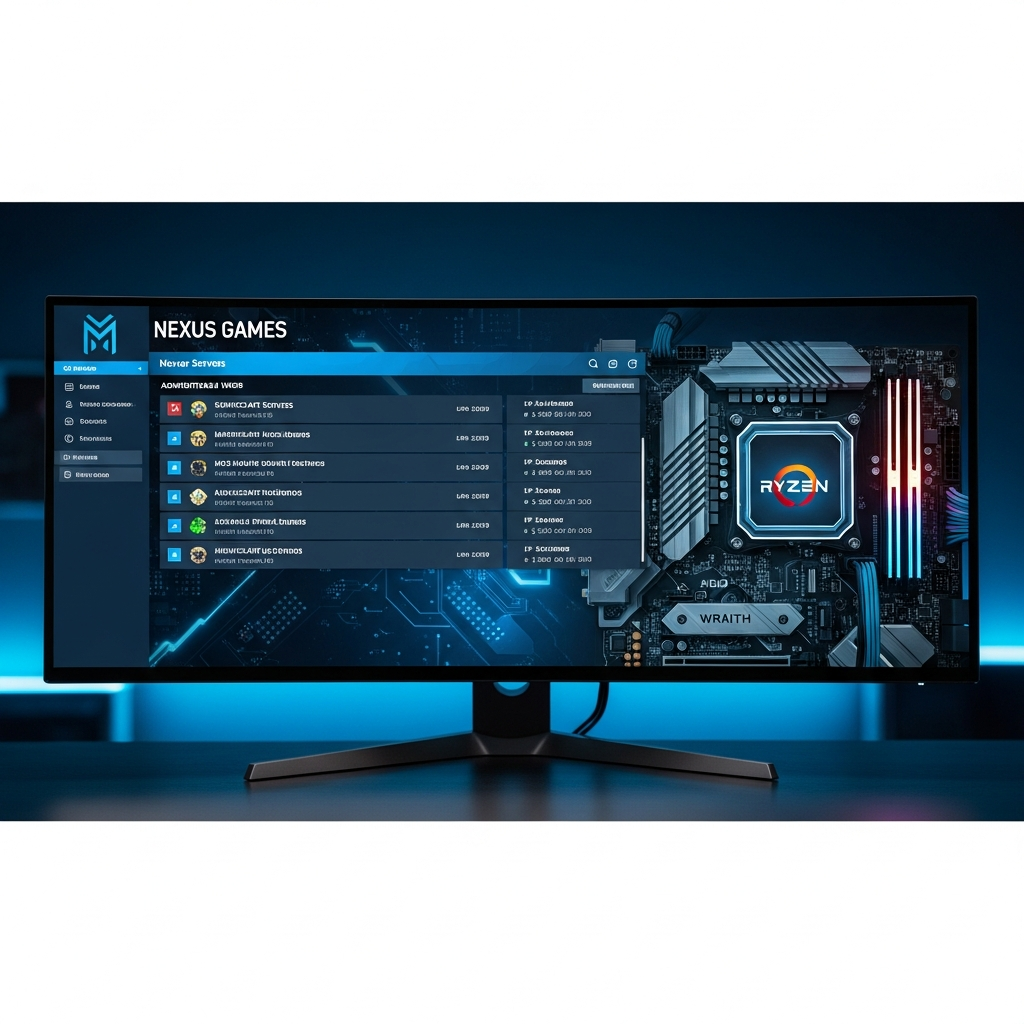 Écran d'ordinateur affichant le panel d'administration Nexus Games avec la liste des serveurs Minecraft, processeur AMD Ryzen 9 visible en arrière-plan, éclairage LED bleu, ambiance moderne et high-tech