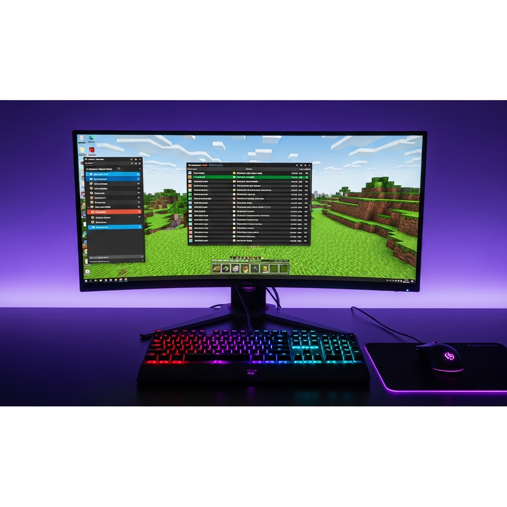 Écran d'ordinateur gamer affichant Minecraft avec interface de serveur multijoueur, liste de serveurs avec ping et nombre de joueurs, clavier RGB illuminé en multicolore et souris gaming sur tapis noir, environnement de bureau moderne avec éclairage ambiant violet, rendu photoréaliste ultra détaillé