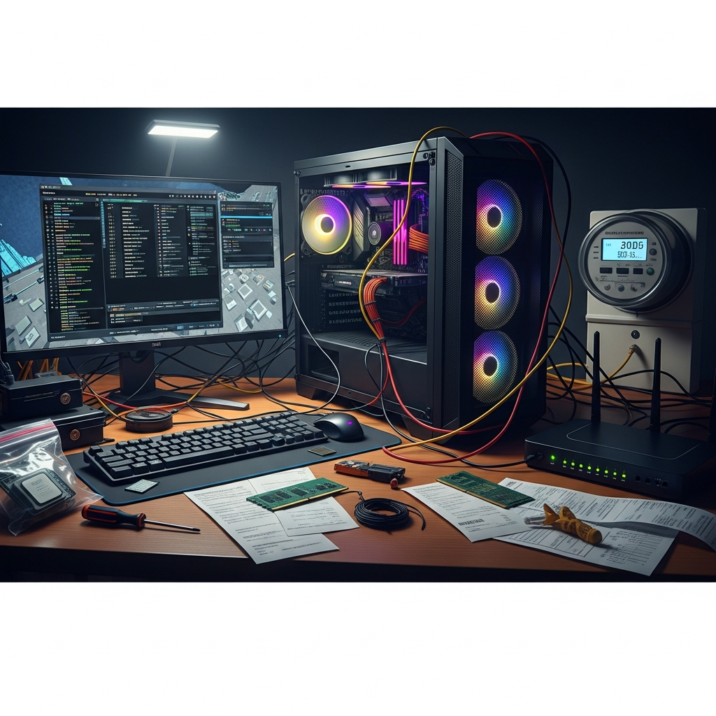 detailed photorealistic image of a home office desk with gaming PC tower displaying Minecraft server console, ethernet cables, router with blinking lights, electricity meter showing high consumption, scattered hardware components, and utility bills spread across the desk in dramatic lighting