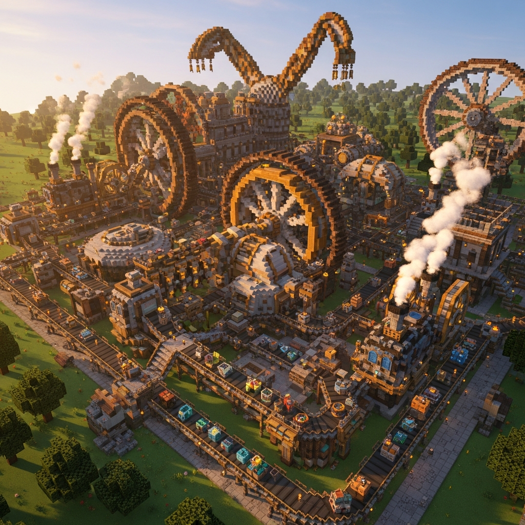 detailed screenshot of a Minecraft modded server showcasing a massive Create mod factory with rotating mechanical components, conveyor belts, and steam engines, surrounded by Biomes O Plenty custom biomes, golden hour lighting, isometric perspective, vibrant colors highlighting modded blocks and machinery