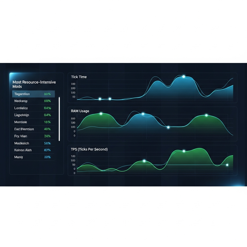 graphique en temps réel de monitoring serveur Minecraft montrant courbes de tick time, RAM usage et TPS sur fond sombre, avec panneau latéral listant les mods les plus gourmands, interface style dashboard professionnel, couleurs néon bleu et vert