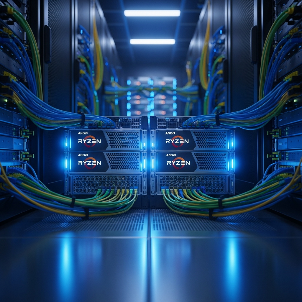 modern server room with rows of AMD Ryzen-powered rack servers glowing blue, fiber optic cables connected, ultra-realistic 8K photography, shallow depth of field highlighting hardware details