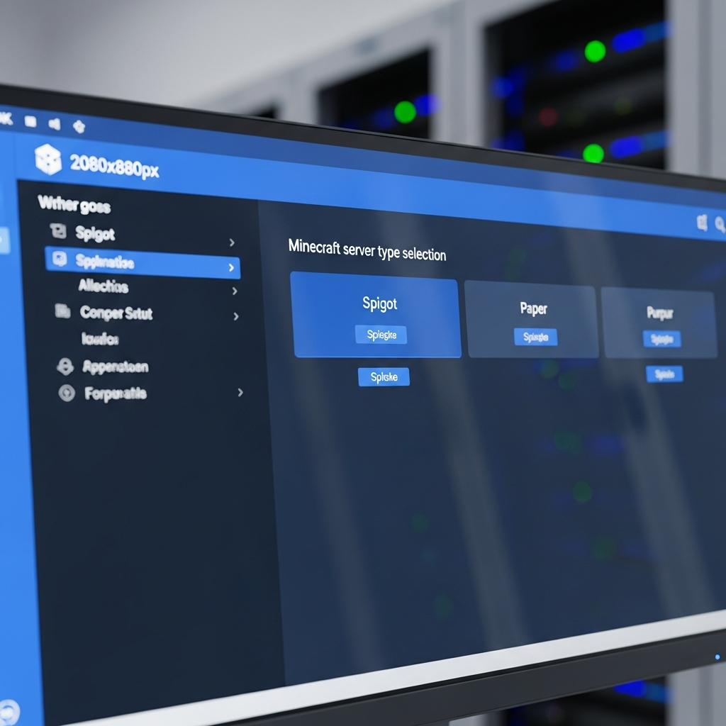photorealistic close-up view of a modern server control panel dashboard showing Minecraft server type selection between Spigot, Paper, and Purpur options, with clean blue and white interface elements, displayed on a 4K monitor in a professional server room environment