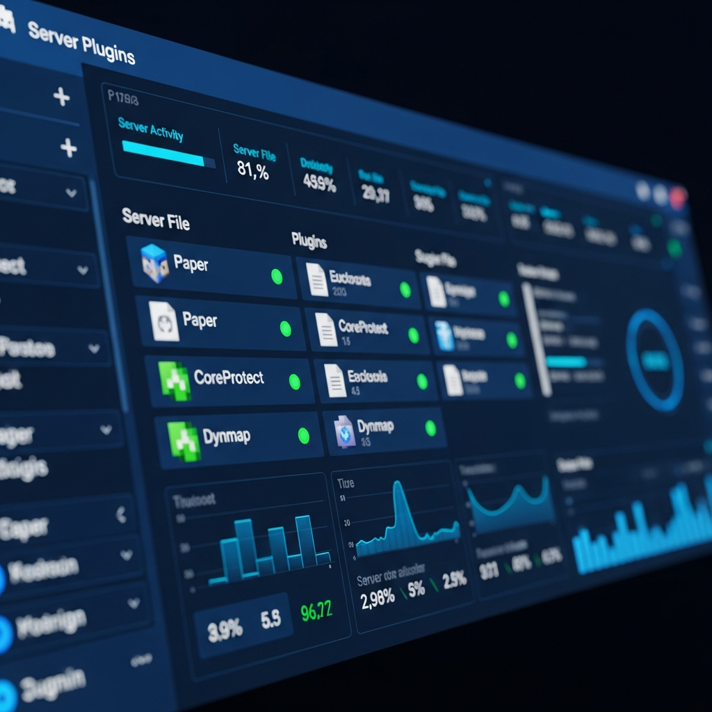 photorealistic close-up view of multiple Minecraft server plugin files displayed on a modern server control panel interface, showing mod names like Paper, CoreProtect, and Dynmap with green status indicators, high-tech dashboard aesthetic with dark theme and glowing blue accents