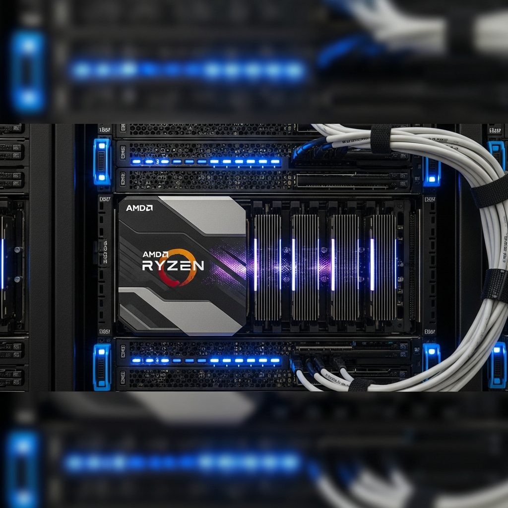 photorealistic datacenter server rack with glowing blue LED indicators, close-up of high-end AMD Ryzen processors with visible heatsinks and RGB lighting, professional cable management, clean modern aesthetic with depth-of-field focusing on the central server unit