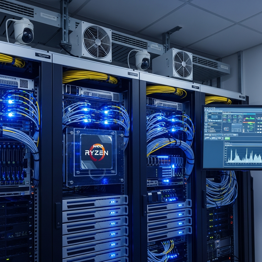 photorealistic image of modern data center server rack with glowing blue LED indicators, AMD Ryzen processors visible through transparent panel, fiber optic cables organized neatly, climate control vents, security cameras, and network equipment displaying performance metrics on mounted monitors