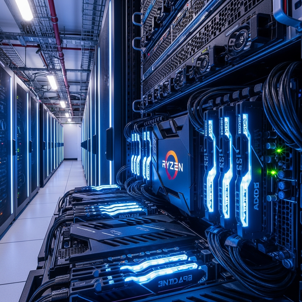 photorealistic modern server room with rows of high-performance AMD Ryzen processors and DDR5 RAM modules glowing with LED lighting, focused on hardware detail, professional data center environment with cooling systems visible, wide angle perspective, dramatic lighting highlighting server components