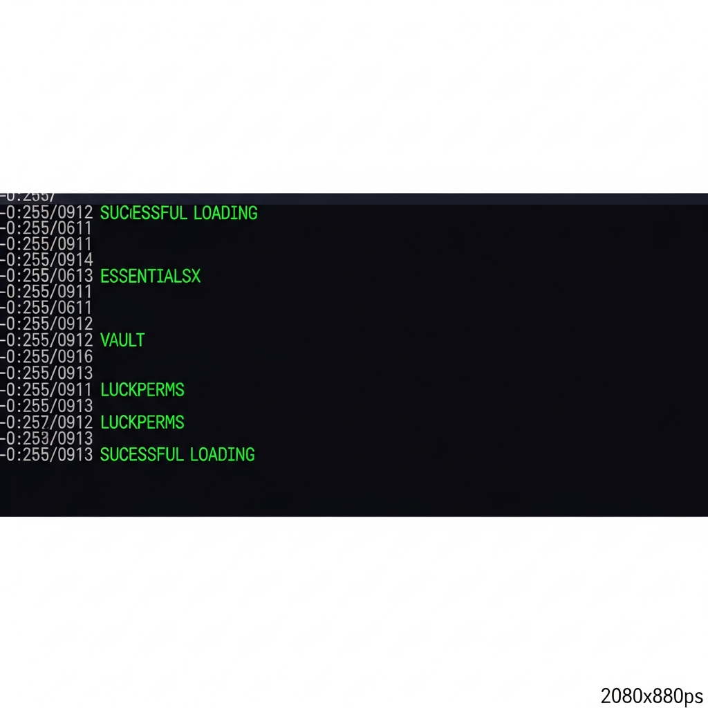 photorealistic screenshot of a Minecraft server console window showing successful plugin loading messages in green text, with plugin names like EssentialsX, Vault, and LuckPerms clearly visible, displayed on a dark terminal background with timestamp information, high detail 4K quality