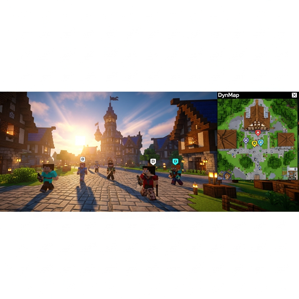 photorealistic wide-angle screenshot of a Minecraft server spawn area with a live Dynmap interface overlaid on the side showing the same location from above, vibrant medieval-style buildings, multiple player avatars visible both in-game and as markers on the map, sunset lighting with volumetric rays