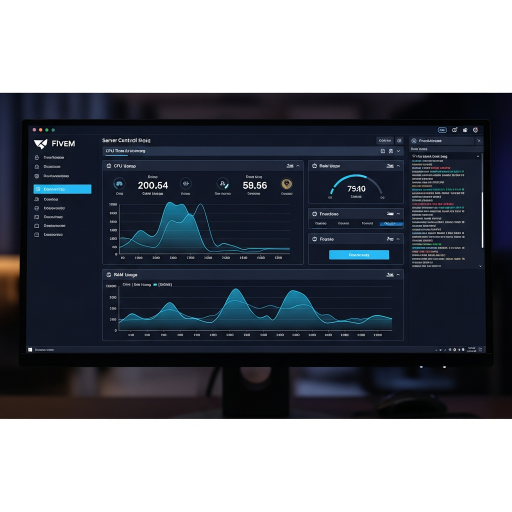 sleek dark-themed server control panel dashboard showing real-time CPU graphs, RAM usage meters, and FiveM console logs on a 4K monitor, photorealistic UI design with glowing blue accents