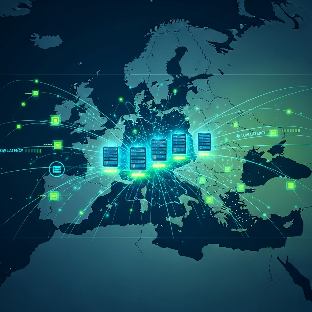 Abstraktes digitales Netzwerk-Diagramm mit leuchtenden Verbindungslinien, zentrale Server-Nodes in Deutschland auf einer Europakarte hervorgehoben, Datenpakete als leuchtende Punkte, niedrige Latenz-Anzeigen, futuristische blaue und grüne Farbgebung, technische Illustration