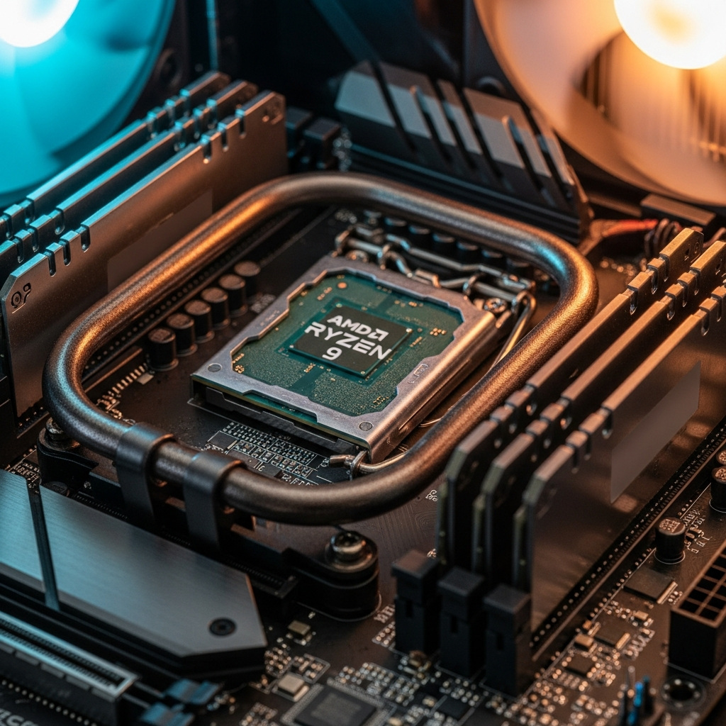A close-up photorealistic image of an AMD Ryzen 9 processor chip mounted on a motherboard with DDR5 RAM modules visible, heat pipes, and RGB lighting highlighting the high-performance hardware used in dedicated Minecraft hosting