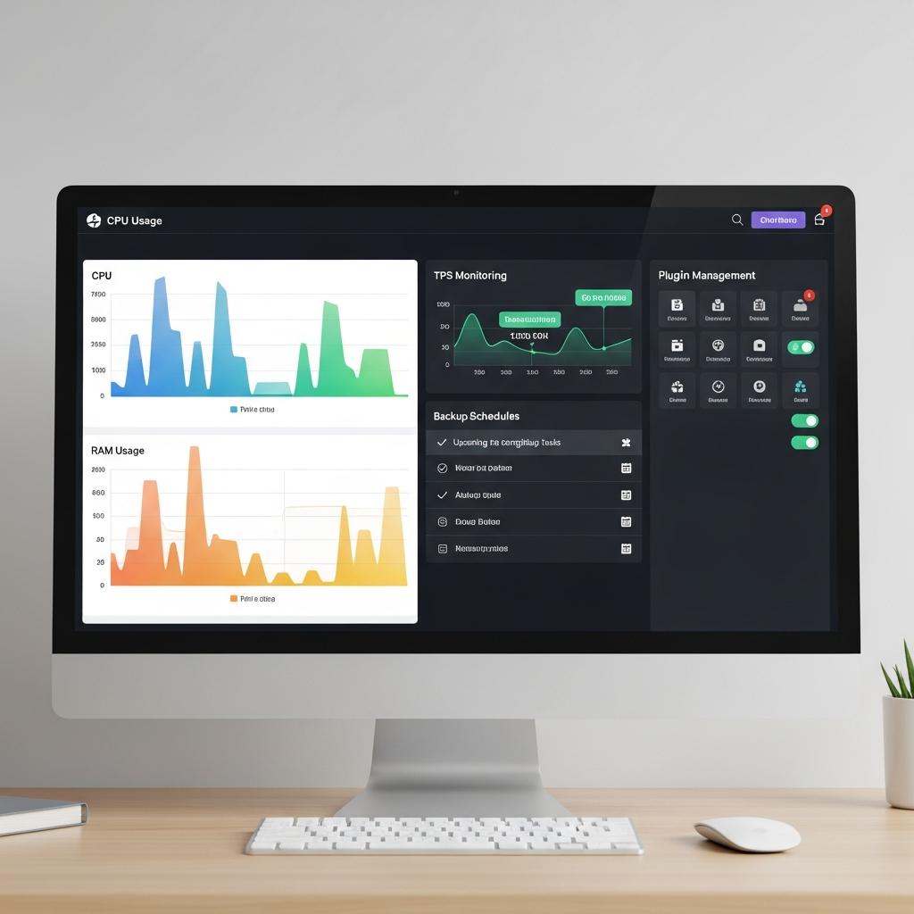 A computer screen displaying a modern server management panel interface showing graphs of CPU and RAM usage, TPS monitoring, backup schedules, and plugin management sections, clean UI design, dashboard view, photorealistic monitor setup with keyboard and mouse