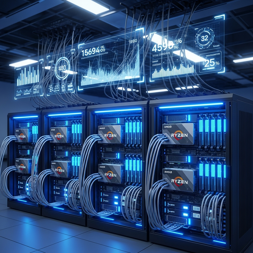 A detailed 3D render of a high-tech server rack glowing with blue LEDs, displaying AMD Ryzen 9 processor units, DDR5 RAM modules, and NVMe SSD drives, set in a clean, modern data center environment with fiber optic cables and holographic performance metrics floating above