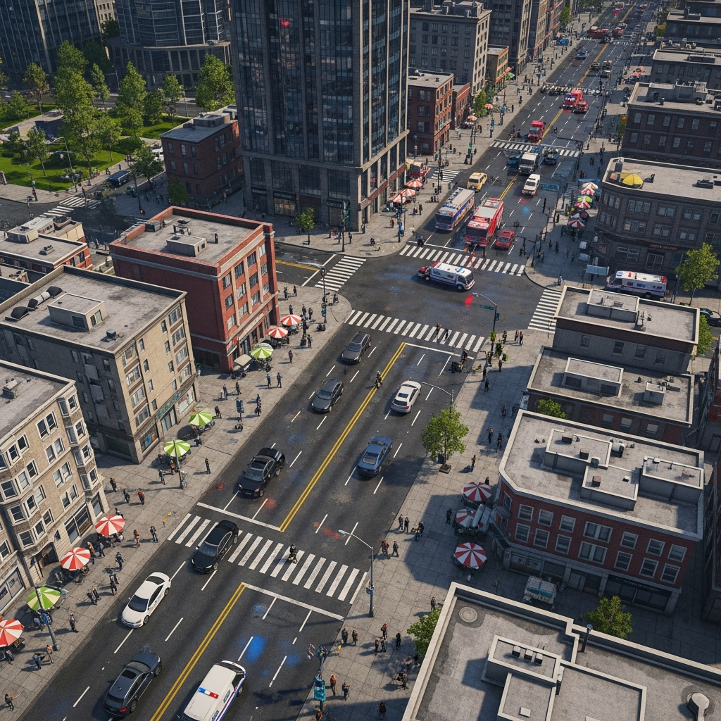 A detailed bird's-eye view of a virtual city environment running on a FiveM server, showing multiple players engaging in roleplay activities including police patrols with custom vehicles, civilians interacting outside shops, and emergency services responding to incidents, all rendered in photorealistic graphics with dynamic lighting and detailed urban infrastructure