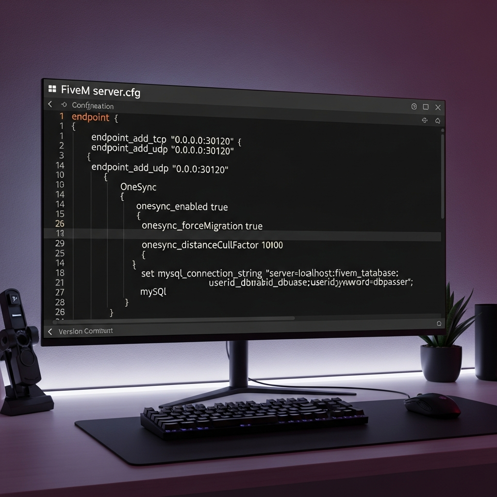 A detailed photorealistic view of a server configuration file displayed in a professional code editor with syntax highlighting, showing FiveM server.cfg settings including endpoint configurations, OneSync parameters, and MySQL connection strings on a dark-themed IDE interface with a clean modern workspace