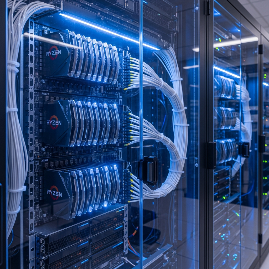 A detailed server rack in a modern data center with rows of high-performance AMD Ryzen 9 processors visible through transparent side panels blue LED lighting illuminating DDR5 RAM modules and fiber-optic cables glowing softly