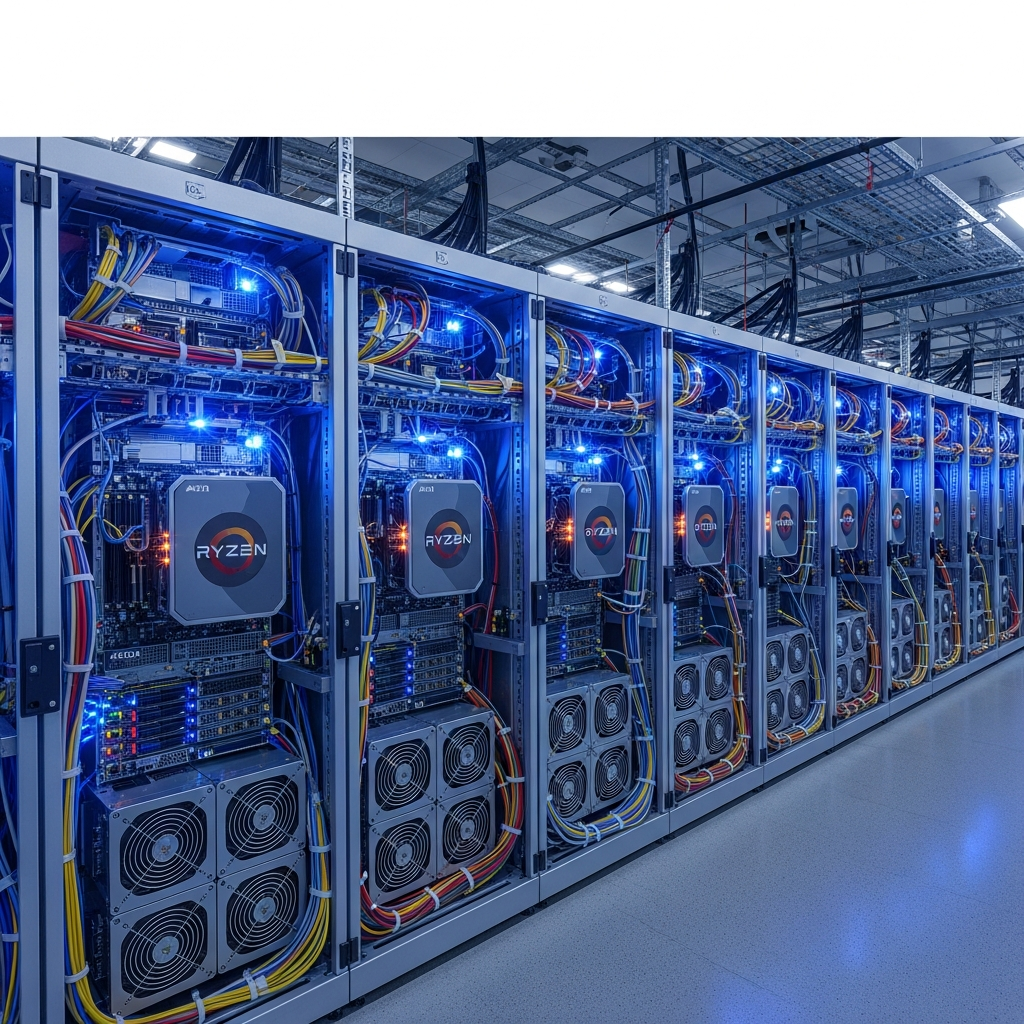 A modern data center room with rows of high-performance servers featuring AMD Ryzen processors, glowing blue LED lights, organized cable management, and cooling systems, photorealistic, professional lighting, detailed hardware components visible
