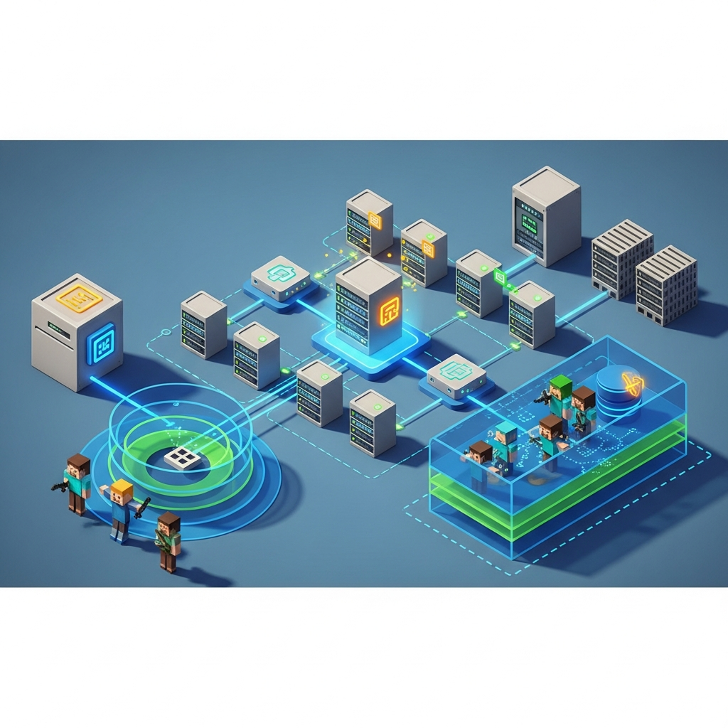 An isometric 3D illustration of a Minecraft server network architecture showing multiple interconnected server nodes, proxy server in the center, database server, backup storage, and players connecting through protected network layers, technical diagram style, clean and professional