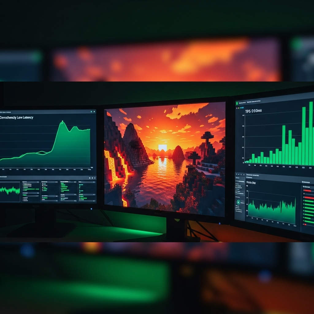 A photorealistic close-up of a glowing Minecraft world rendered on multiple high-resolution monitors in a dark room, with server performance graphs showing low latency and high TPS, green and orange ambient lighting from the screens