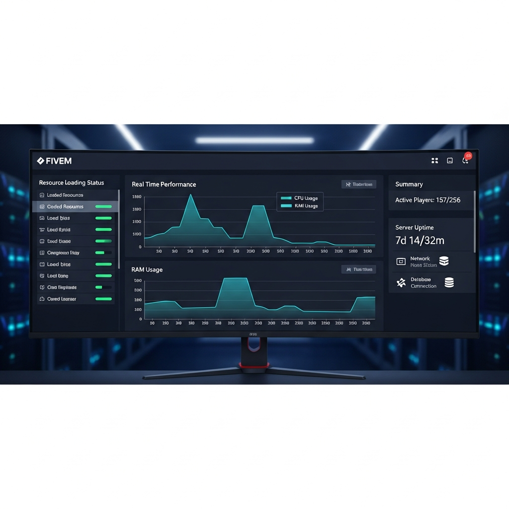 A photorealistic screenshot of a FiveM server management panel displaying resource loading status, server performance metrics with CPU and RAM graphs, and a clean dashboard interface showing active players and server uptime on a modern gaming monitor in a professional server hosting environment