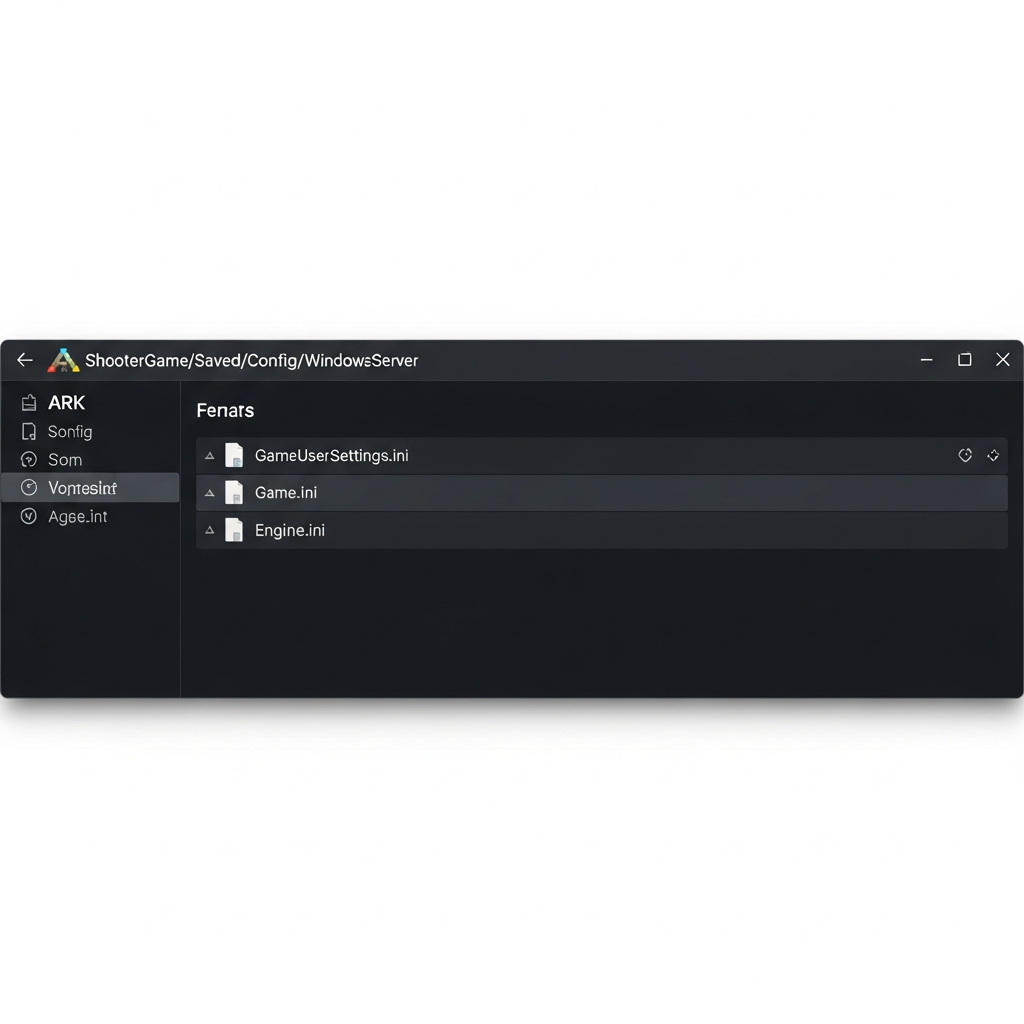 A photorealistic screenshot of a file manager window displaying the ARK ShooterGame/Saved/Config/WindowsServer directory with GameUserSettings.ini, Game.ini, and Engine.ini files visible, modern dark theme, sharp text rendering