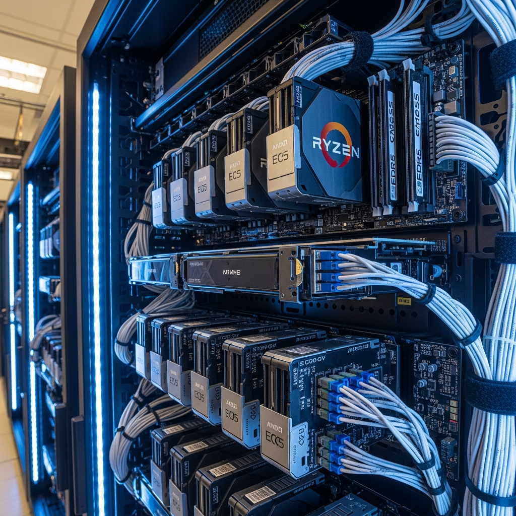 A photorealistic server rack filled with modern hardware components including AMD Ryzen processors with visible 3D V-Cache chips, DDR5 RAM modules with ECC labels, and glowing NVMe SSD drives connected via high-speed cables, all housed in a professional datacenter with blue ambient lighting and cable management systems