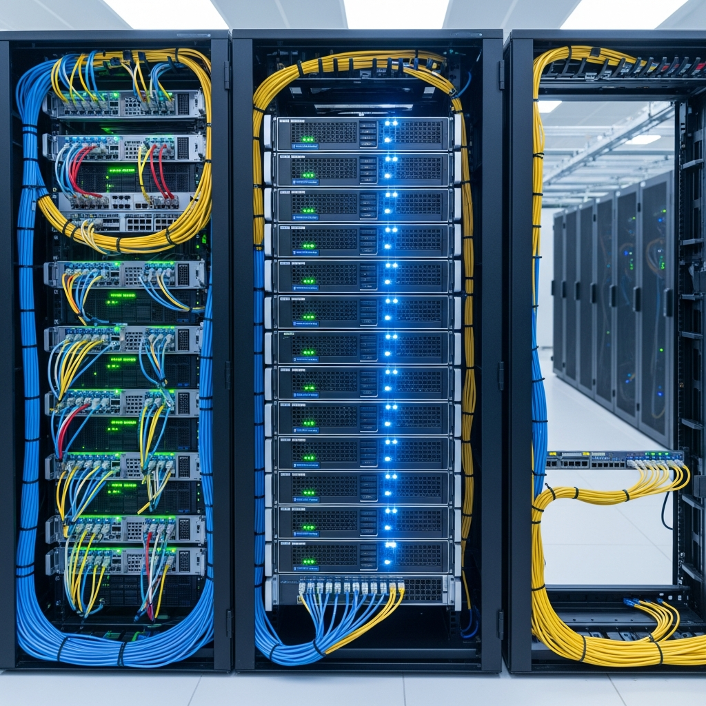 A photorealistic server rack in a modern data center with glowing LEDs, multiple blade servers stacked vertically, and network cables organized in bundles, illustrating shared physical infrastructure hosting multiple virtual instances