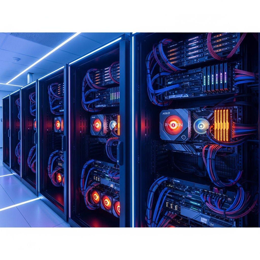 A photorealistic wide-angle shot of a modern gaming server room with glowing AMD Ryzen processors, DDR5 RAM sticks, and high-speed network cables organized on racks, ambient blue and purple lighting highlighting advanced technology