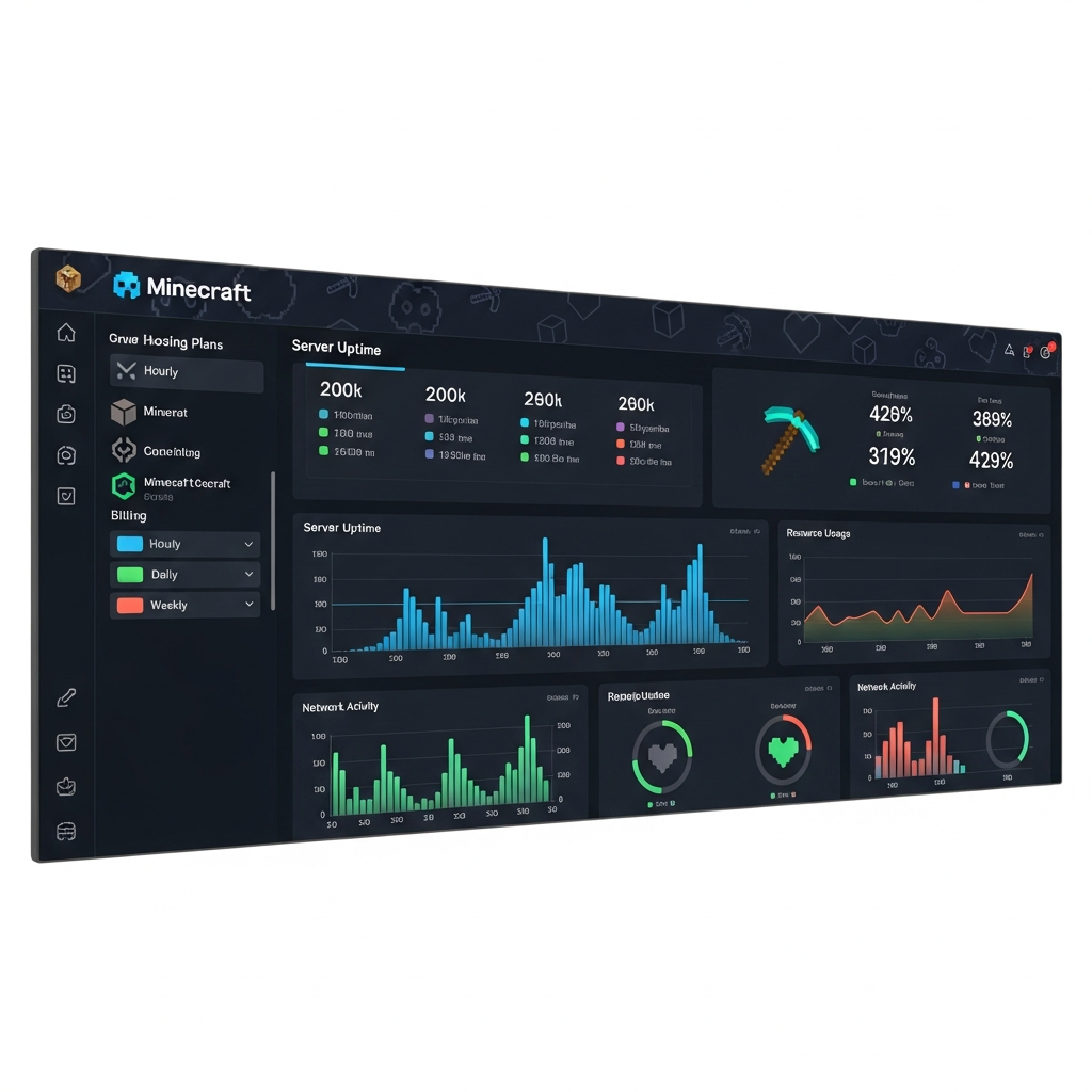 A vibrant digital control panel dashboard displaying colorful graphs, server uptime metrics, and billing options for hourly, daily, and weekly Minecraft hosting plans, with a modern interface and subtle gaming-themed icons