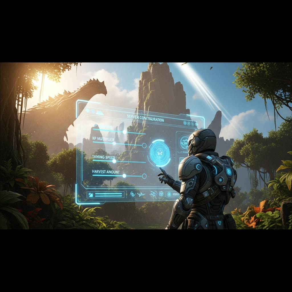 A vibrant in-game ARK screenshot showing a player interacting with a server configuration terminal overlay, futuristic UI elements displaying sliders for XP, taming, and harvest multipliers, lush jungle environment in the background, cinematic lighting