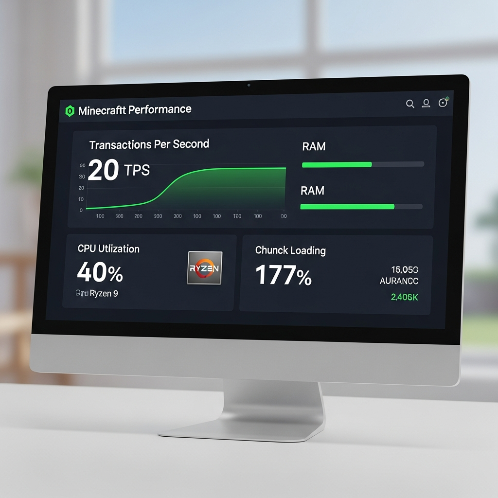 Bildschirm mit Minecraft-Server-Performance-Dashboard, zeigt grüne TPS-Graphen bei stabilem 20 TPS, CPU-Auslastung bei 40 Prozent auf Ryzen 9 Prozessor, RAM-Nutzung, Chunk-Loading-Statistiken, dunkles UI-Design mit grünen Akzenten, fotorealistisch