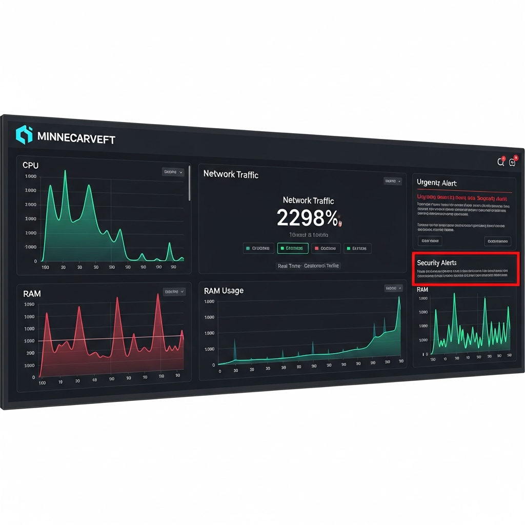 Captura de pantalla de un panel de administración de Minecraft mostrando un dashboard con métricas en tiempo real de tráfico de red, gráficas de CPU y RAM, y alertas de seguridad destacadas en rojo; interfaz moderna con fondo oscuro y elementos tipo HUD gaming