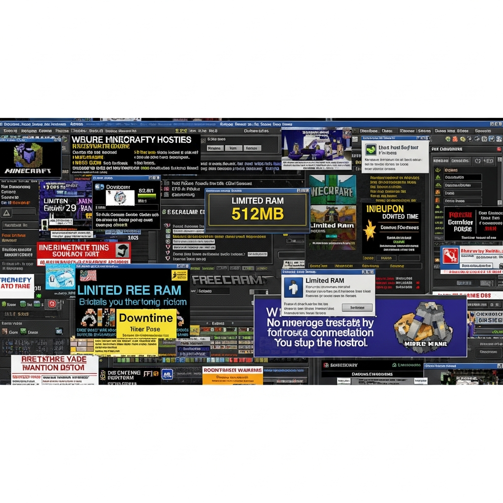 Captura de pantalla de un panel de control de hosting gratuito de Minecraft mostrando múltiples anuncios publicitarios invasivos, ventanas emergentes y banners que obstruyen la interfaz de administración, con indicadores de RAM limitada (512 MB) y advertencias de tiempo de inactividad en una interfaz anticuada y saturada