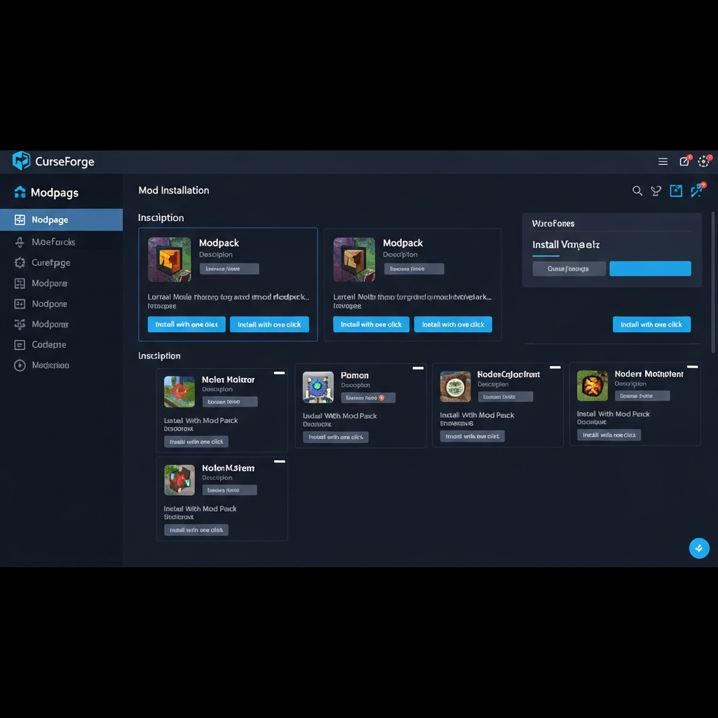Captura de pantalla de un panel de control de servidor Minecraft mostrando la sección de instalación de mods desde CurseForge, con múltiples modpacks disponibles y botones de instalación con un clic, interfaz moderna en tonos oscuros y azules, iluminación de interfaz digital nítida