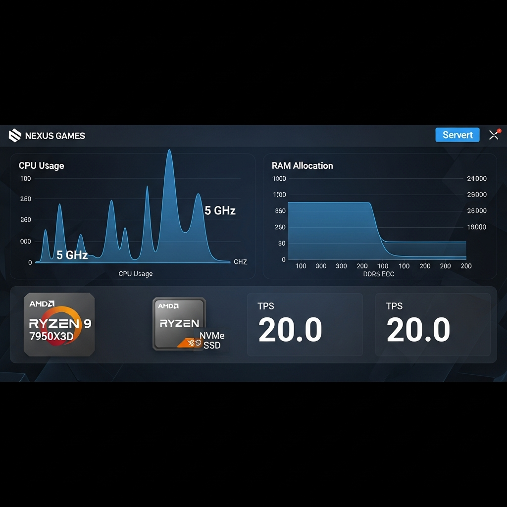 Captura de pantalla fotorrealista del panel de administración Nexus Games mostrando los recursos en tiempo real de un servidor Minecraft dedicado: gráficos de uso de CPU con picos estables cerca de 5 GHz, RAM DDR5 ECC asignada sin fluctuaciones, y métricas de TPS constantes a 20.0, con iconos del procesador AMD Ryzen 9 7950X3D y almacenamiento NVMe SSD destacados en la interfaz moderna con fondo oscuro y acentos azules