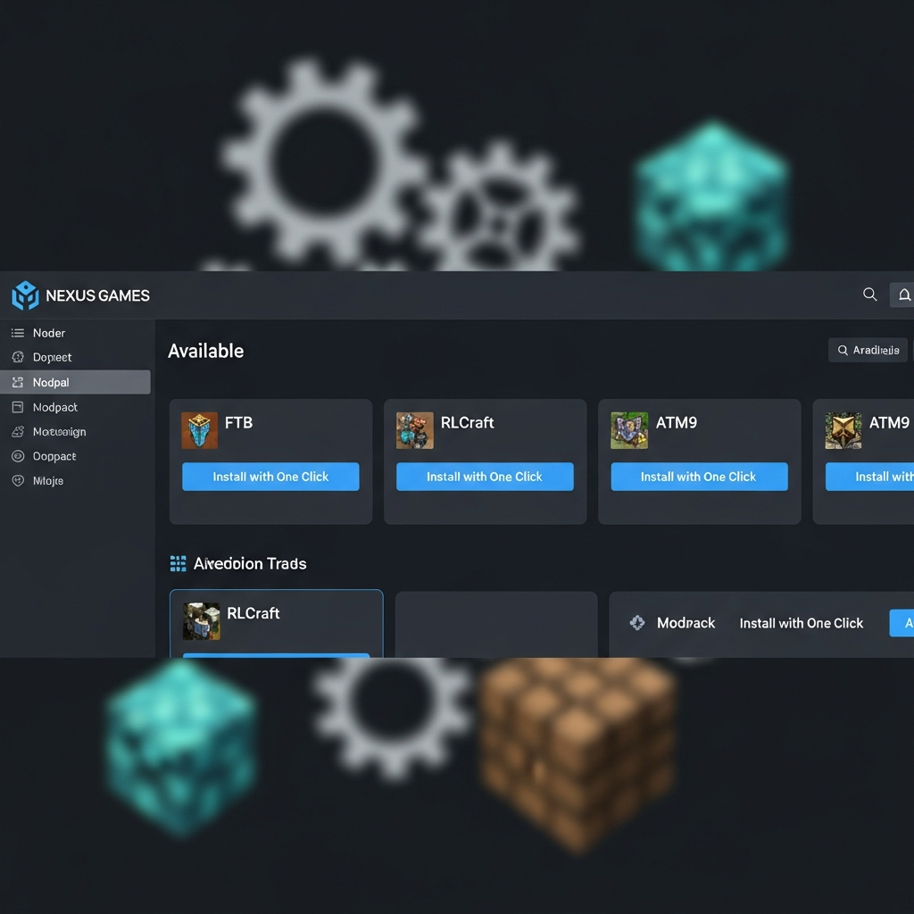 Captura de pantalla fotorrealista del panel de control Nexus Games mostrando la lista de modpacks de Minecraft disponibles (FTB, RLCraft, ATM9) con botones de instalación con un clic, interfaz moderna en tonos oscuros, fondo con íconos de engranajes y bloques de Minecraft difuminados