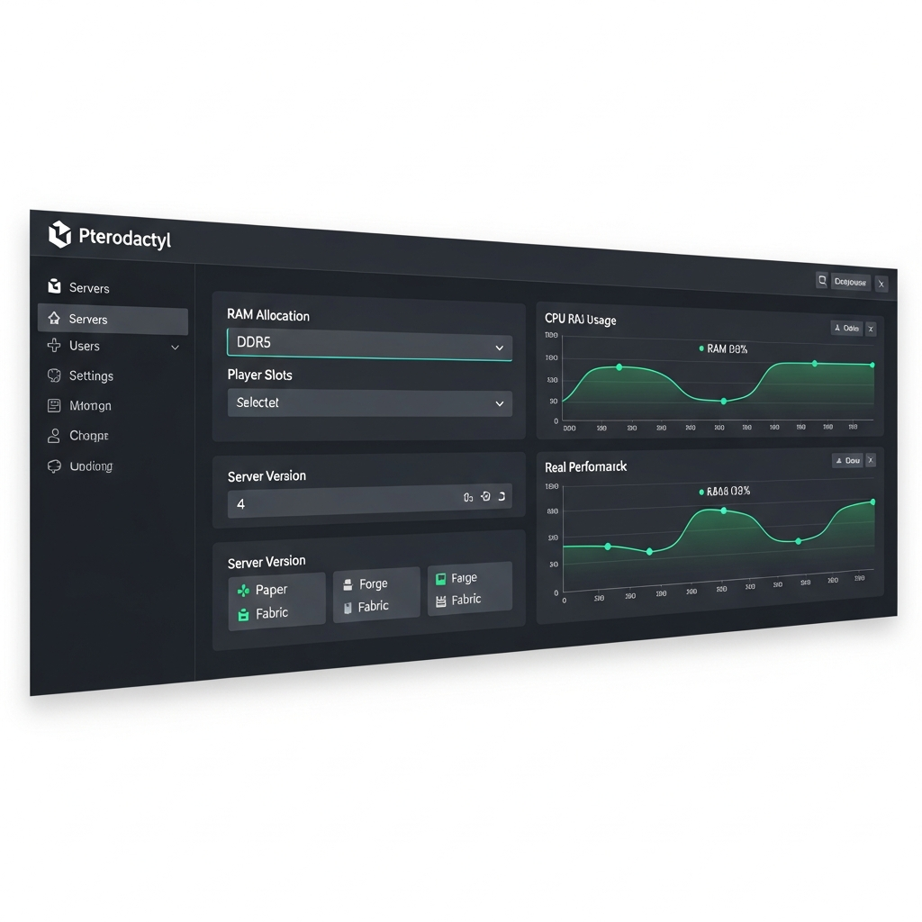 Captura de pantalla fotorrealista del panel de control Pterodactyl mostrando la configuración de un servidor Minecraft con opciones de RAM DDR5, slots de jugadores y selector de versiones (Paper, Forge, Fabric), iluminación de interfaz web profesional con gráficos de rendimiento en tiempo real