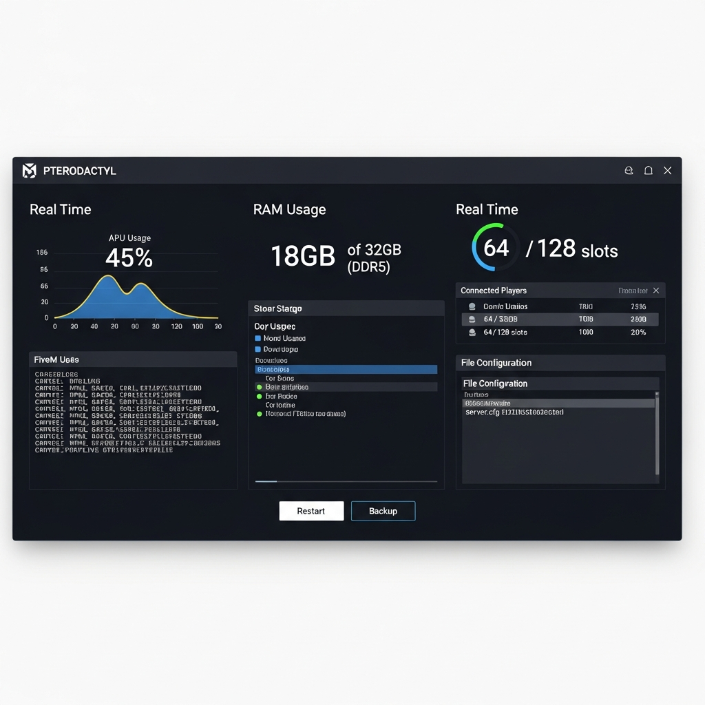 Captura de pantalla fotorrealista del panel de control Pterodactyl para FiveM mostrando métricas en tiempo real: gráficos de uso de CPU al 45%, RAM DDR5 a 18GB/32GB utilizados, lista de jugadores conectados (64/128 slots), consola con logs de inicio de servidor FiveM, botones de reinicio/backup y configuración de archivos server.cfg visible en editor integrado, interfaz oscura profesional con detalles nítidos