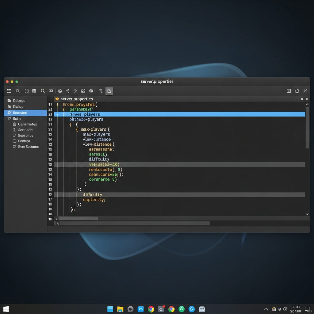 Captura de pantalla fotorrealista de un archivo server.properties abierto en un editor de texto moderno, mostrando parámetros destacados como max-players, view-distance y difficulty, con sintaxis coloreada y un entorno de escritorio profesional con tema oscuro