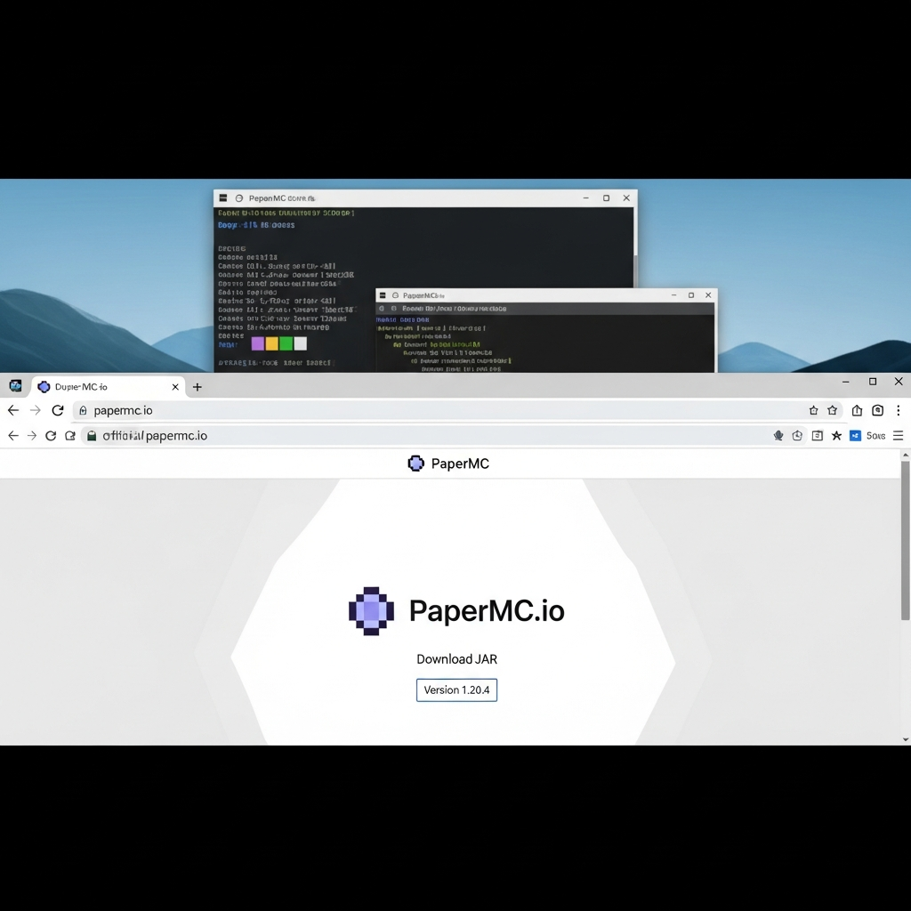 Captura de pantalla fotorrealista de un escritorio mostrando la descarga del archivo JAR de PaperMC desde su página oficial papermc.io, con el navegador web en primer plano, versión 1.20.4 visible, y una terminal de comandos abierta en segundo plano lista para ejecutar el servidor