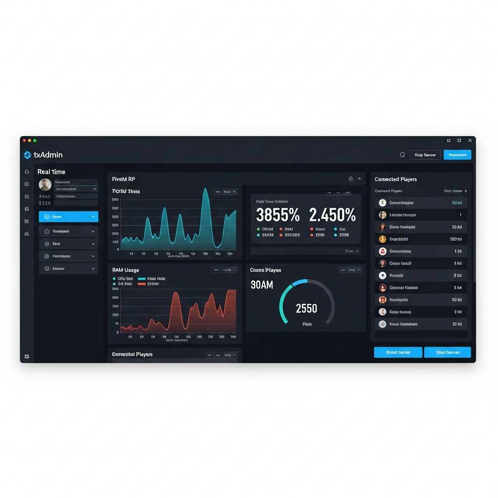 Captura de pantalla fotorrealista de un panel de administración txAdmin mostrando métricas en tiempo real de un servidor FiveM RP, con gráficos de CPU y RAM, lista de jugadores conectados y botones de reinicio, sobre fondo oscuro profesional